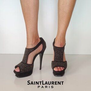 Yves Saint Laurent Black Suede Tribute Platform Ankle Strap Heels Mixed Metal 9